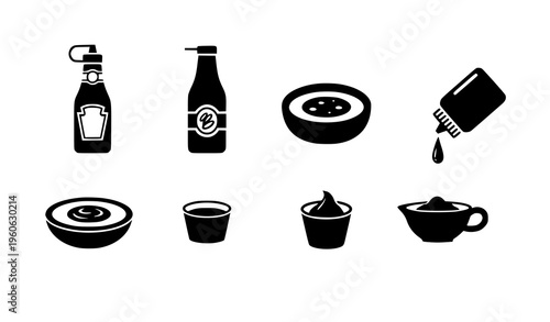 Ketchup and dipping sauce icons condiment bottle vector set