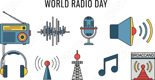 World Radio Day Celebration with Vintage Radio, Microphone, and Audio Wave Icons