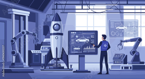 Man Interacting with Futuristic Technology in a Modern Laboratory.