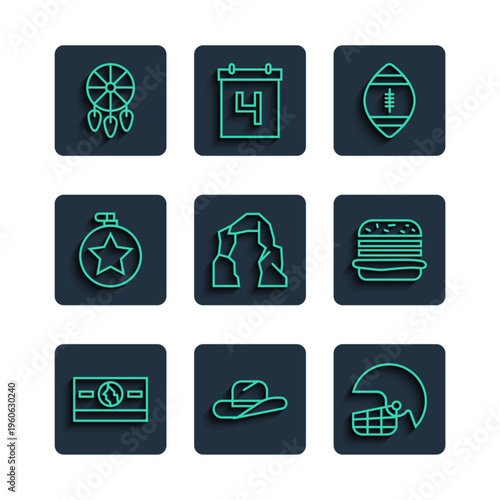 Set line Stacks paper money cash, Western cowboy hat, American football helmet, Football, Grand canyon, Canteen water bottle, Dream catcher with feathers and Burger icon. Vector