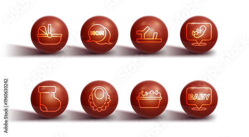 Set line Baby stroller, socks clothes, bathtub, bib, Speech bubble mom, and shoes icon. Vector