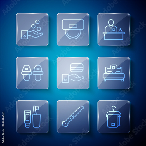 Set line Toothbrush and toothpaste, Knife, Towel on hanger, Hotel reception desk, Digital door lock, slippers, Paying tips and Bedroom icon. Vector