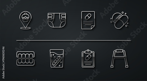 Set line Nursing home, False jaw, Medicine pill or tablet, Medical prescription, glass, Adult diaper, Walker and icon. Vector