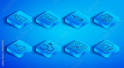 Set line Hand sanitizer bottle, X-ray shots, Syringe, Stethoscope, Pills blister pack, Life insurance hand, Enema and Medical symbol of the Emergency icon. Vector