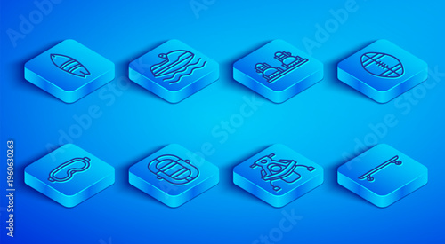 Set line Surfboard, Jet ski, Snowboard, Rafting boat, Snowmobile, Rugby ball, Ski goggles and Longboard or skateboard icon. Vector
