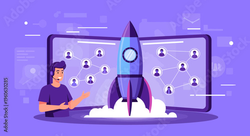 Man Launching Rocket Ship Business Startup Concept.