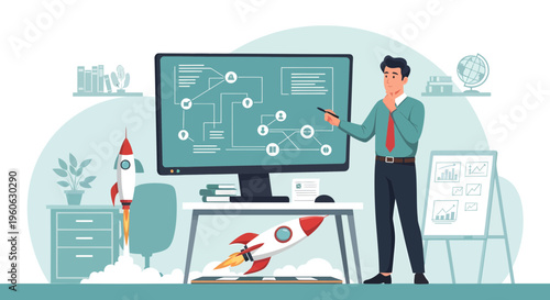 Man presenting business strategy on large screen with rockets.