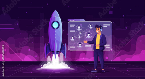 Man standing next to a rocket launching into space with a network diagram.