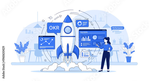 OKR Rocket Launch Business Strategy Success.
