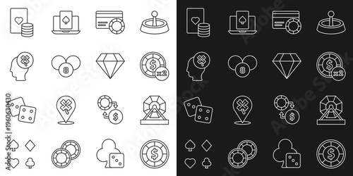 Set line Casino chips, Lottery machine, Credit card, ball on bingo, slot with clover, and playing cards and Diamond icon. Vector