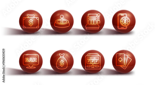 Set line Briefcase and money, Alcohol bar location, Online poker table game, Slot machine with jackpot, Money bag, Casino roulette wheel, Deck of playing cards and icon. Vector