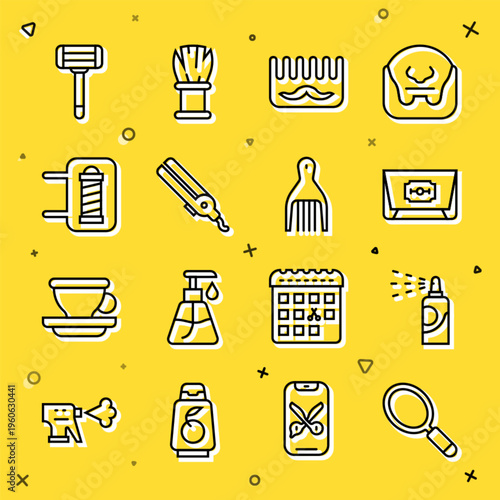 Set line Hand mirror, Spray can for hairspray, Blade razor, Hairbrush, Curling iron, Barber shop pole, Shaving and Barrette icon. Vector
