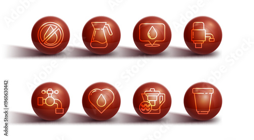 Set line Water drop forbidden, tap, Mechanical pump water, jug with filter, Heart, Jug glass, cartridge and location icon. Vector