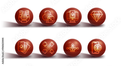 Set line Horseshoe, Deck of playing cards, Diamond, Joker, Game dice, Online poker table game and icon. Vector