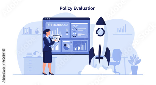 Policy Evaluation Business Woman Analyzing Data Rocket Launch.