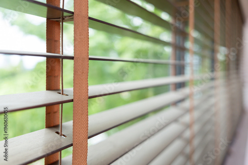 Schilderij op canvas Wooden blinds frame soft, blurred greenery outside.
