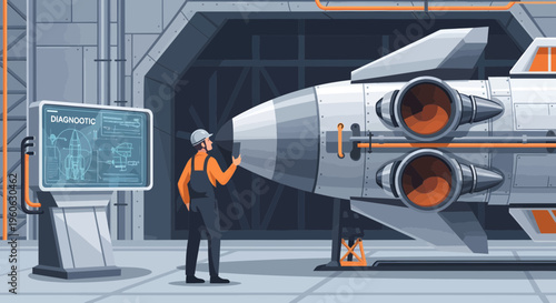 Mechanic Inspecting Futuristic Spaceship in Hangar Bay.