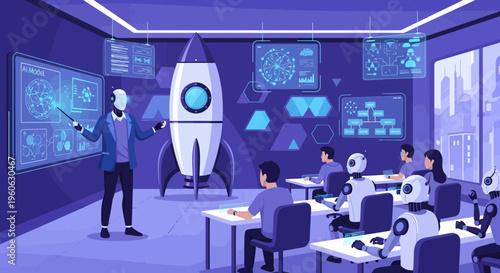 Robot Teacher Instructing Students in Futuristic Classroom.