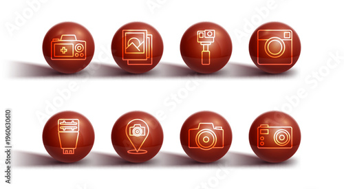 Set line Photo camera, flash, frame, and Action icon. Vector