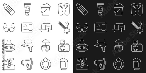 Set line Wooden beer mug, Photo camera with flash, Meteorology thermometer, Sand in bucket, Travel postcard, Glasses, Bottle of water and Rv Camping trailer icon. Vector