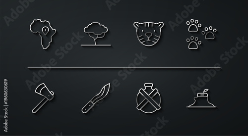 Set line Map of Africa, Wooden axe, Paw print, Canteen water bottle, Machete, African tree, Tree stump and Tiger head icon. Vector