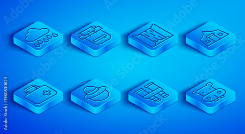 Set line Cloud with rain, Hiking backpack, Waterfall, Camping hat, Binoculars, Tourist tent, First aid kit and Hippo or Hippopotamus icon. Vector