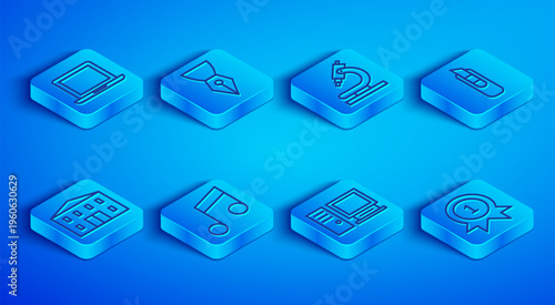 Set line Laptop, Fountain pen nib, Microscope, Music note, tone, Computer monitor, Stationery knife, School building and Medal icon. Vector