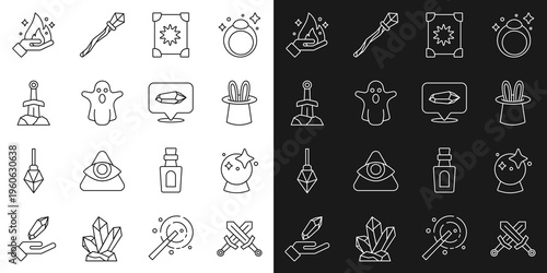 Set line Crossed medieval sword, Magic ball, Magician hat and rabbit ears, Ancient magic book, Ghost, Sword in the stone, Hand holding fire and icon. Vector