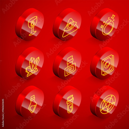 Set line Medieval goblet, All-seeing eye of God, Magic stone ring, Bottle with potion, Tarot cards, and icon. Vector