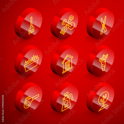 Set line Garden rake, Shovel and, Gardening handmade scissors, Fresh grass rectangular, Farm house, Carrot, Leaf garden blower and sprayer for fertilizer icon. Vector