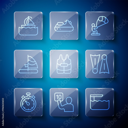 Set line Stopwatch, Assessment of judges, Diving board or springboard, Kitesurfing, Life jacket, Windsurfing, Yacht sailboat and Flippers for swimming icon. Vector