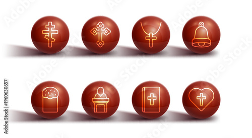 Set line Christian cross, Easter cake, Church bell, Holy bible book, pastor preaching, heart and on chain icon. Vector