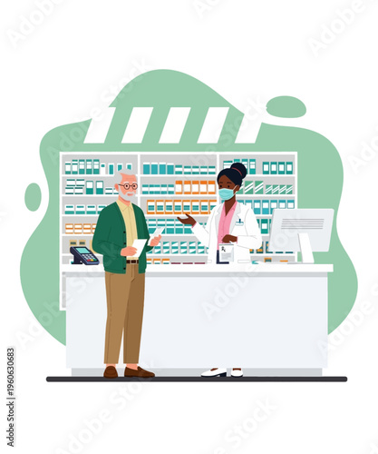 A masked pharmacist assists an elderly male customer with his prescription medication at a clean pharmacy.