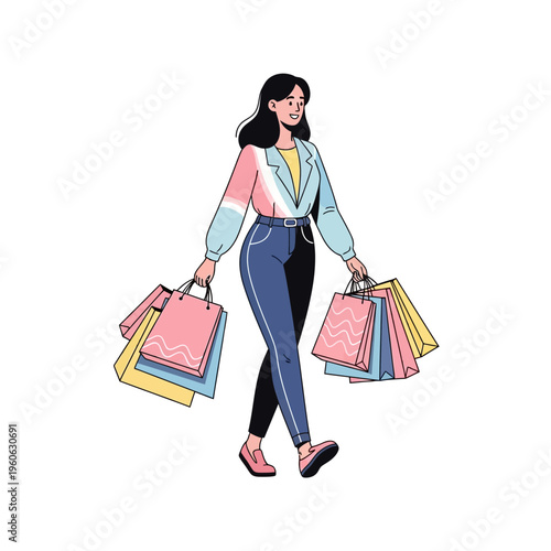 Happy Woman Walking with Shopping Bags, Fashionable Style, Consumerism Concept