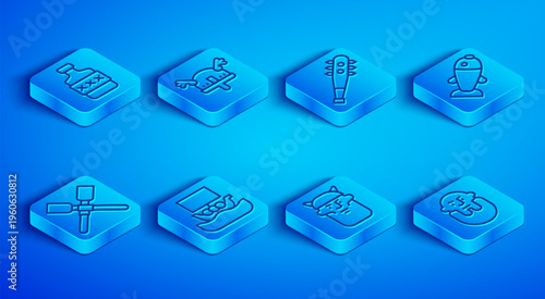 Set line Whiskey bottle, Viking in horned helmet, Mace with spikes, ship Drakkar, head, Fish, Oars paddles boat and icon. Vector