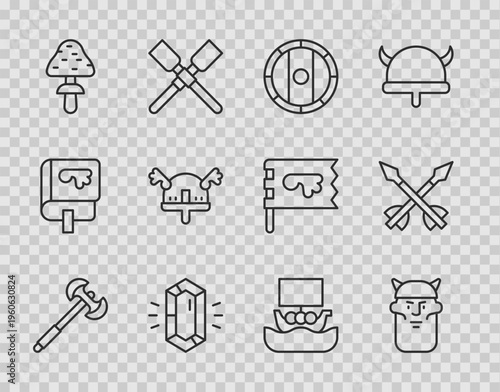 Set line Medieval poleaxe, Viking head, Shield viking, Gem stone, Mushroom, horned helmet, ship Drakkar and arrows icon. Vector