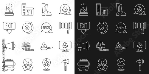 Set line Firefighter axe, Location with fire flame, hose reel, boots, Ringing alarm bell, exit, Flasher siren and Emergency call icon. Vector