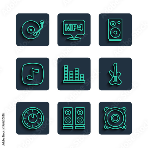 Set line Sound mixer controller, Stereo speaker, Music equalizer, note, tone, Vinyl player and Electric bass guitar icon. Vector