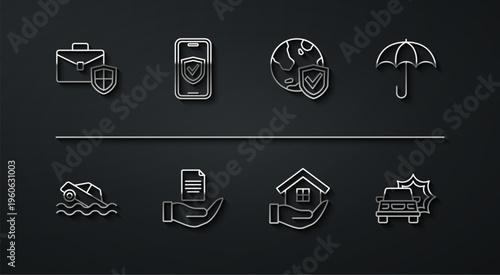 Set line Briefcase with shield, Flood car, Umbrella, House in hand, Contract, Insurance online, Car accident and Shield world globe icon. Vector