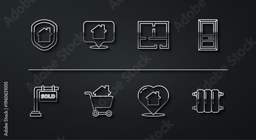 Set line House under protection, Hanging sign with Sold, Closed door, heart shape, Shopping cart house, Location, Heating radiator and plan icon. Vector
