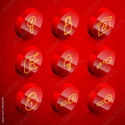 Set line Key, Lock, House under protection, Bunch of keys, picks for lock picking, Broken, and icon. Vector