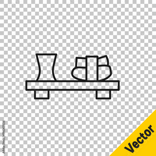 Black line Sushi on cutting board icon isolated on transparent background. Asian food sushi on wooden board. Vector