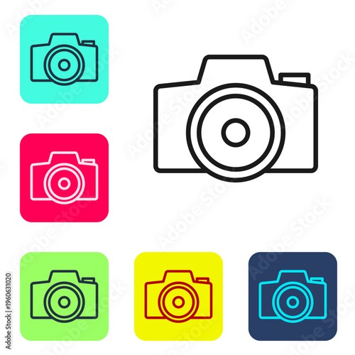 Black line Photo camera icon isolated on white background. Foto camera. Digital photography. Set icons in color square buttons. Vector