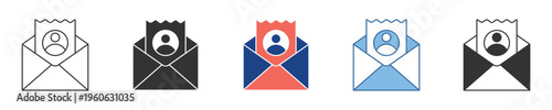Collection of digital mail and user account notification icons, representing new messages, contact information, or profile updates across various communication platforms in diverse styles