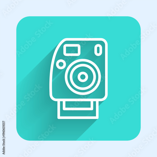 White line Photo camera icon isolated with long shadow. Foto camera. Digital photography. Green square button. Vector
