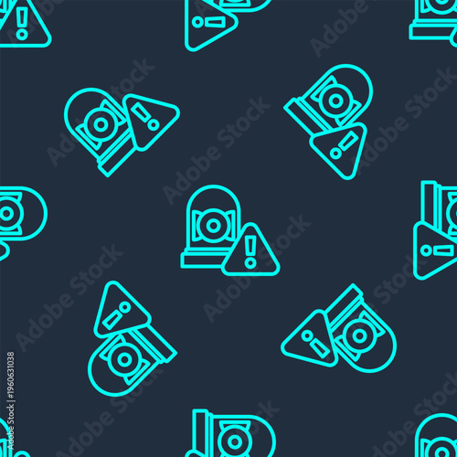 Green line Ringing alarm bell icon isolated seamless pattern on blue background. Alarm symbol, service bell, handbell sign, notification symbol. Vector
