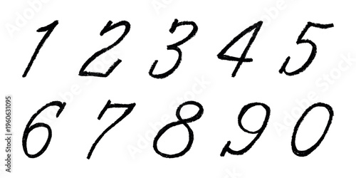 Hand drawn black numbers 1 2 3 4 5 6 7 8 9 0 Stylish brush painted numbers with pencil texture Count, math, kids education