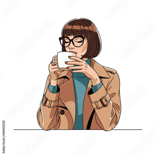 Stylish Woman with Glasses Drinking Coffee, Cozy Break, Fashionable Style
