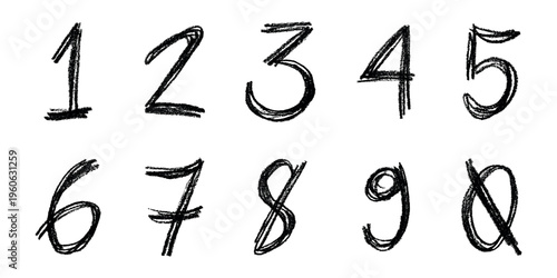 Hand drawn black numbers 1 2 3 4 5 6 7 8 9 0 Stylish brush painted numbers with pencil texture Count, math, kids education
