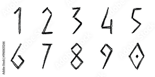 Hand drawn black numbers 1 2 3 4 5 6 7 8 9 0 Stylish brush painted numbers with pencil texture Count, math, kids education